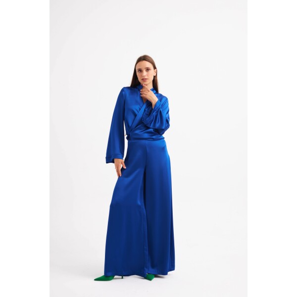 Elif Kose Loose Wrap Blouse and Palazzo Trousers in Electric Blue available on top UK stockist, Colmershill.com