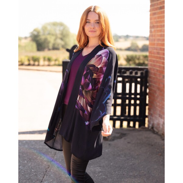 From My Mother’s Garden Mid Length Georgette Kimono Deep as Dahlias available from top UK stockist colmershill.com