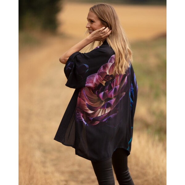 From My Mother’s Garden Mid Length Georgette Kimono Deep as Dahlias available from top UK stockist colmershill.com