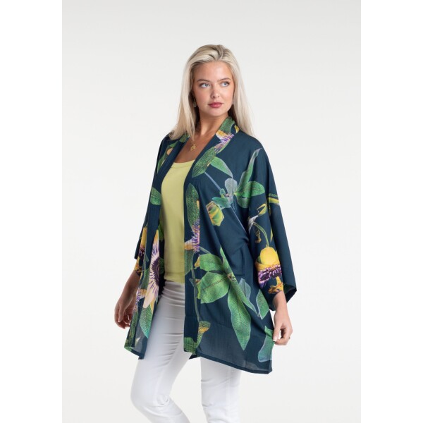 From My Mother’s Garden Mid Length Kimono Petrol Passionflower available from top UK stockist colmershill.com