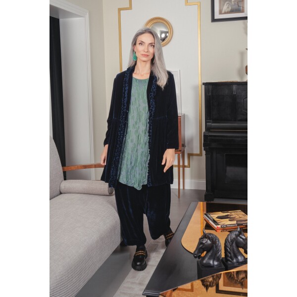 Grizas Ruffle Velvet Silk Jacket Navy available from top UK stockist colmershill.com