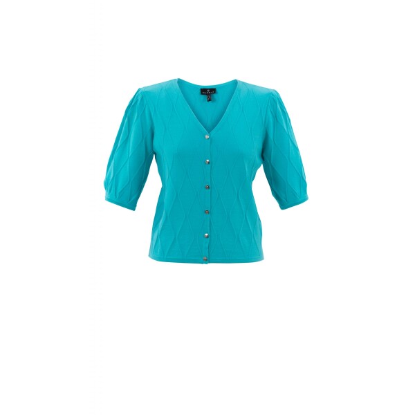 Marble Reversible Cardigan in Aqua can be worn two-ways so that you either have a round neck on the front or a V-neck. It has 3/4 length sleeves with a pleated detail. Available on Colmershill.com