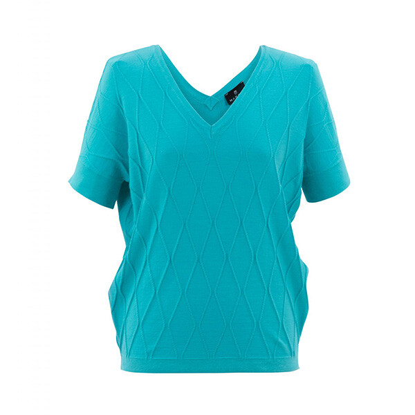 Marble Loose Top Aqua is a striking sweater top with short sleeves. It has a raised pattern woven in to the top. Available from Colmershill.com