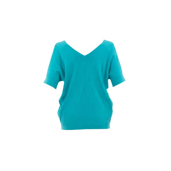 Marble Loose Top Aqua is a striking sweater top with short sleeves. It has a raised pattern woven in to the top. Available from Colmershill.com