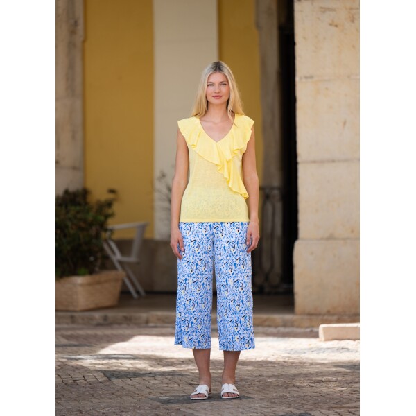 Marble Ruffle vest top in yellow will bring sunshine to your summer outfit. A v-neck top made of slub cotton. Available from Colmershill.com