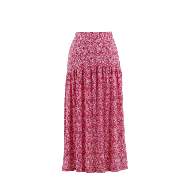 Marble midi printed skirt in a red and white pattern. It has a curved and fitted waist and then flares out. Available on Colmershill.com, a Marble stockist