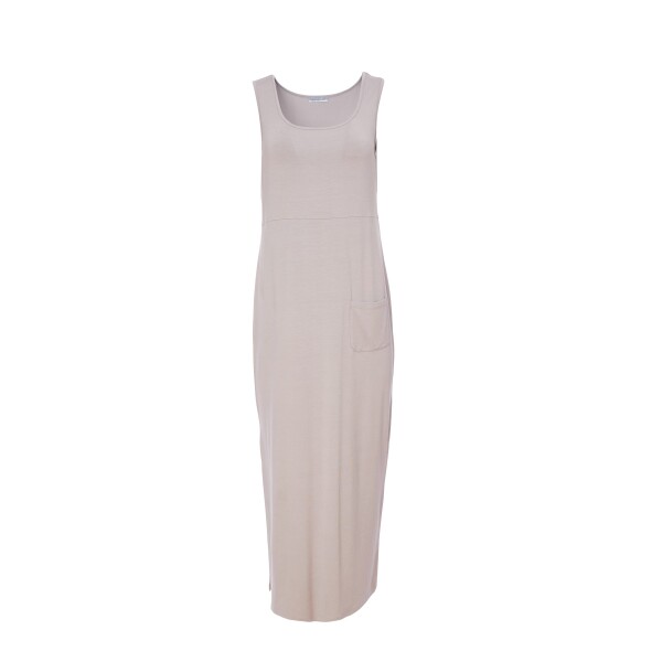 Naya Pocket Jersey Long Vest Dress NAS24167 in mink is a great dress for layering pieces over. It has side splits, vest shoulder straps and a round neckline as well as a patch pocket. Available from Colmershill.com