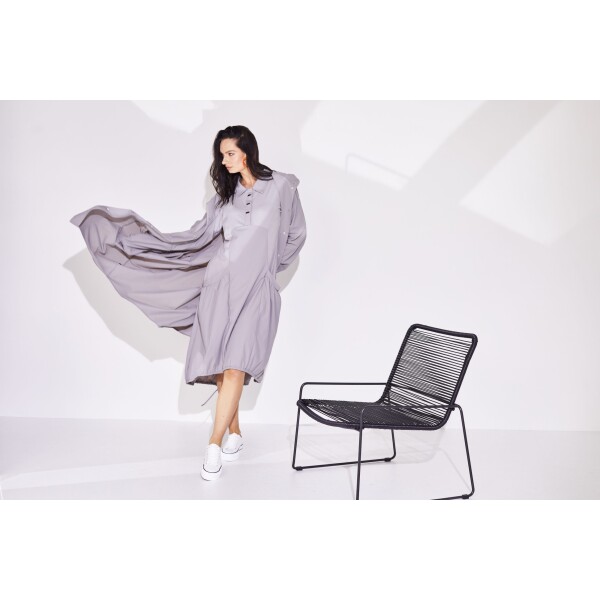 Naya Jersey Mix Dress in Mink NAS24178 with drawstring hemline worn with a Naya Mink Mac, both available from Colmershill.com