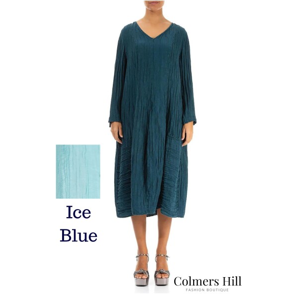 Grizas Crinkled V-Neck Dress 91289/7-ST1-288 is made of a silk linen blend and comes in a beautifully summery colour of ice blue / aqua. Available on Colmershill.com, UK stockist of Grizas
