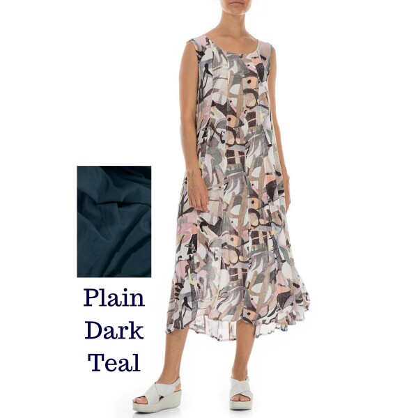 Grizas Silk Viscose sleeveless dress in a plain dark teal. It is slightly crinkled and works well under the long open jacket. Available on Colmershill.com