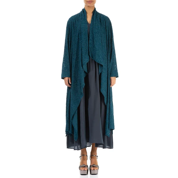 Grizas Draping Jacket Dark Teal has a floral textured pattern. It folds loosely on the opening making it a beautiful, elegant jacket. Available on Colmershill.com, UK stockist of Grizas