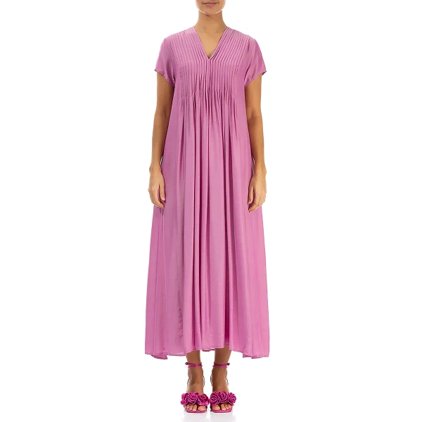 Grizas Front Tuck Silk Bamboo Dress in Wild Berry drapes beautifully and is a lovely special occasion dress. Available on UK stockist, Colmershill.com