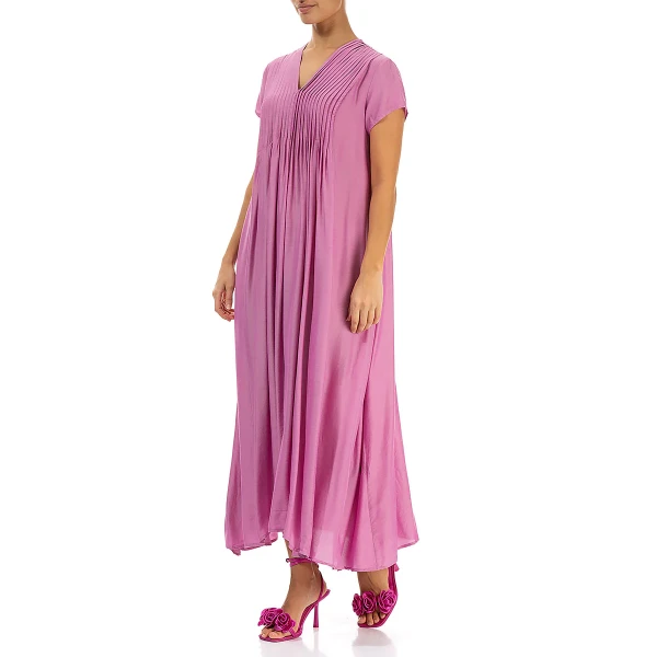 Grizas Front Tuck Silk Bamboo Dress in Wild Berry drapes beautifully and is a lovely special occasion dress. Available on UK stockist, Colmershill.com