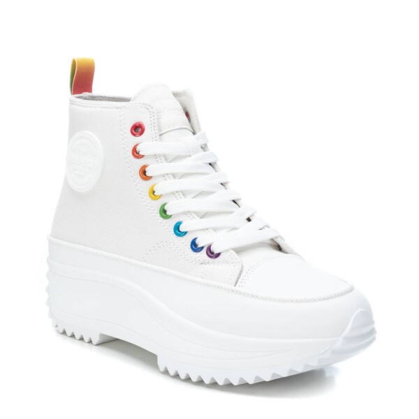 Refresh white ankle boot trainers with a rainbow flash up the back and multicolour lace holes and platform