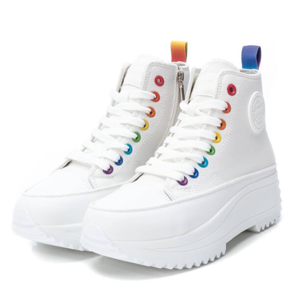 Refresh white ankle boot trainers with a rainbow flash up the back and multicolour lace holes and platform