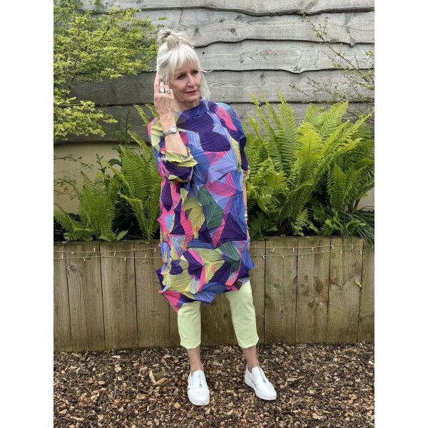 Thanny Plisse Tunic in Lime/Lilac is a colourful and quirky top which combines pleats and folds to form sculptured style