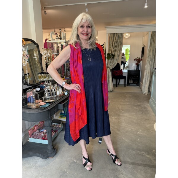 Thanny Sleeveless Midi Dress Navy in Plisse fabric SKY17-14