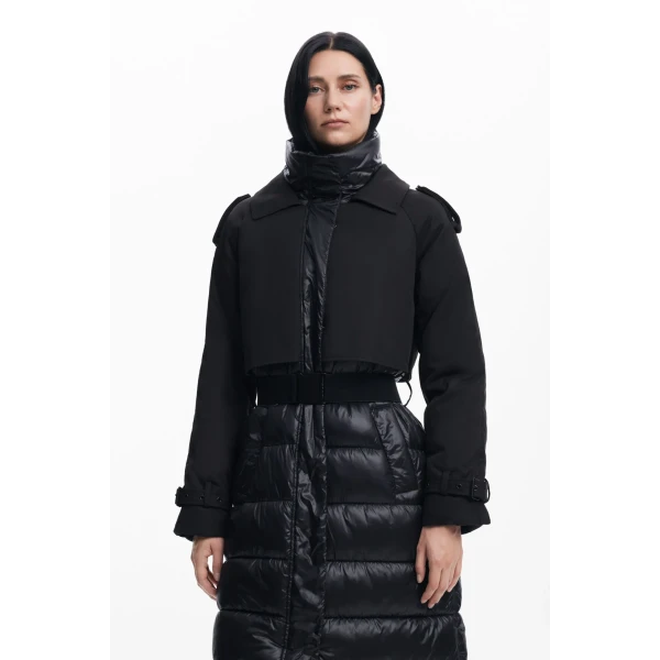 Desigual Estocolmo Padded Jacket in black with an elasticated belt around the waist and a high neck, epaulettes on the shoulders to give it a nod to military styling