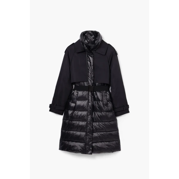 Desigual Estocolmo Padded Jacket in black with an elasticated belt around the waist and a high neck, epaulettes on the shoulders to give it a nod to military styling
