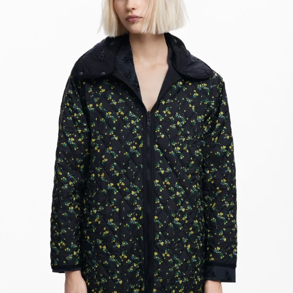 Desigual Odense Padded jacket in black with ditsy floral print on one side and reversible plain black side