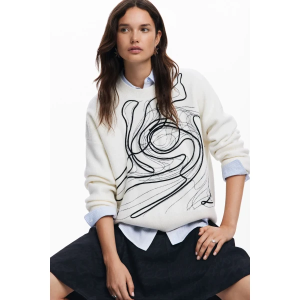 Desigual Montpellier Lacroix Sweater is a winter white jumper with an abstract scribble print on the front