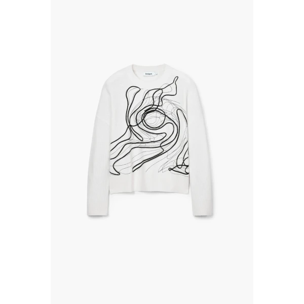 Desigual Montpellier Lacroix Sweater is a winter white jumper with an abstract scribble print on the front