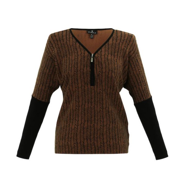 Marble Zip Sweater in chocolate brown and black with an abstract chevron-style print and a zip on the v-neck 7533-224