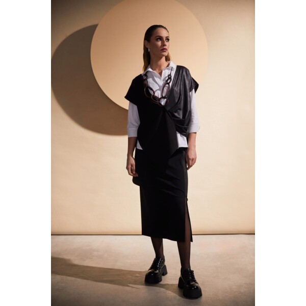 Naya Vest with pleat detail in contrasting wet look fabric