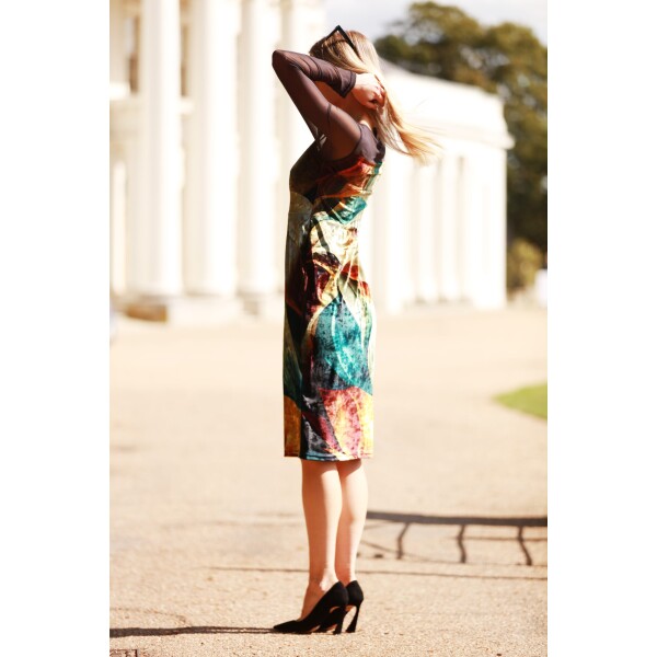 From My Mother's Garden Autumn Abstract Velvet Dress in beautiful caramel gold, teal and ivory colours. A great party dress
