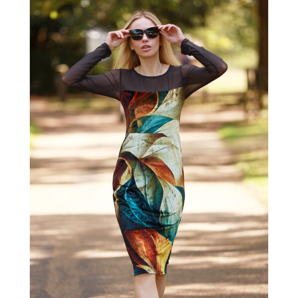 From My Mother's Garden Autumn Abstract Velvet Fitted Dress in beautiful caramel gold, teal and ivory colours. A great party dress