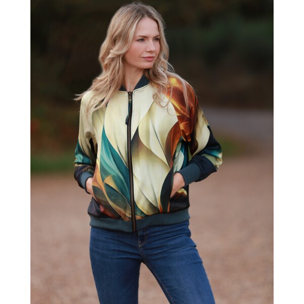 From My Mother's Garden Autumn Abstract Satin Bomber Jacket is luxurious and has beautiful Autumnal colours in the arty print