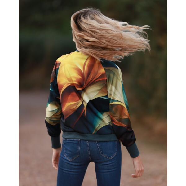 From My Mother's Garden Autumn Abstract Satin Bomber Jacket is luxurious and has beautiful Autumnal colours in the arty print