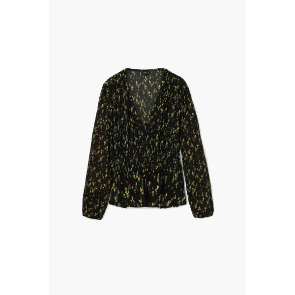 Desigual Okayama Blouse is slightly cropped with an elasticated waist detail and V-neck. It has a pretty, ditsy floral print in yellow on black