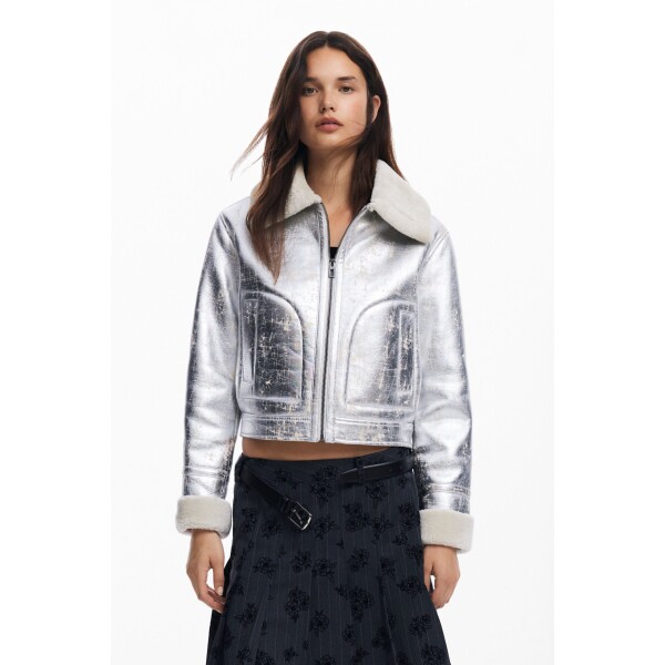 Desigual Londres Aviator Jacket in metallic silver. It has faux shearling collar and cuffs