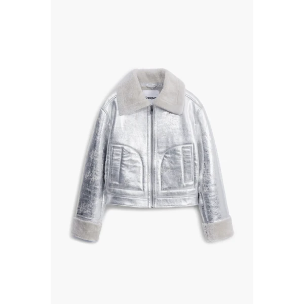 Desigual Londres Aviator Jacket in metallic silver. It has faux shearling collar and cuffs