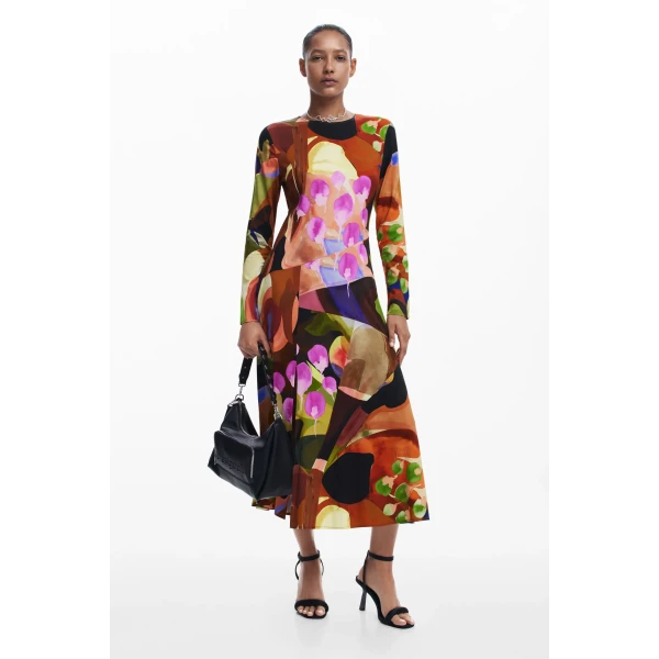 Desigual Petals Lacroix Dress Inca Gold is a midi dress in a stunning multicolour print