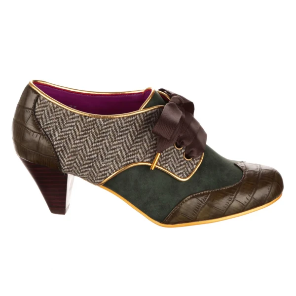 Bed of Roses Tippy Tap Green tweed heeled shoes with mock crock and suede panels. Available in green