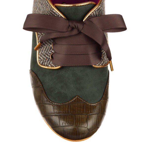 Bed of Roses Tippy Tap Green tweed heeled shoes with mock crock and suede panels. Available in green