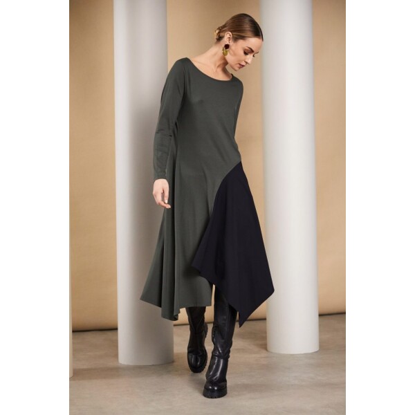 Naya Dress in khaki with contrast angled side panel in black