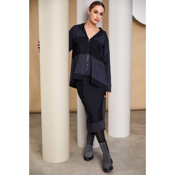 Naya pencil skirt with contrast front panel, pockets and elasticated waistband worn with the hoodie jacket with contrast panels both in anthracite and black