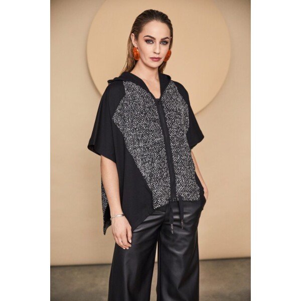 Naya Jaquard hooded curved hem top with a zip front is such a cool piece for the autumn winter months. Layer it with a mesh sleeve top or thin knit