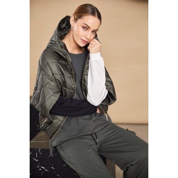 Naya padded short jacket with hood in khaki. It has short sleeves and a zip opening with zipped pockets