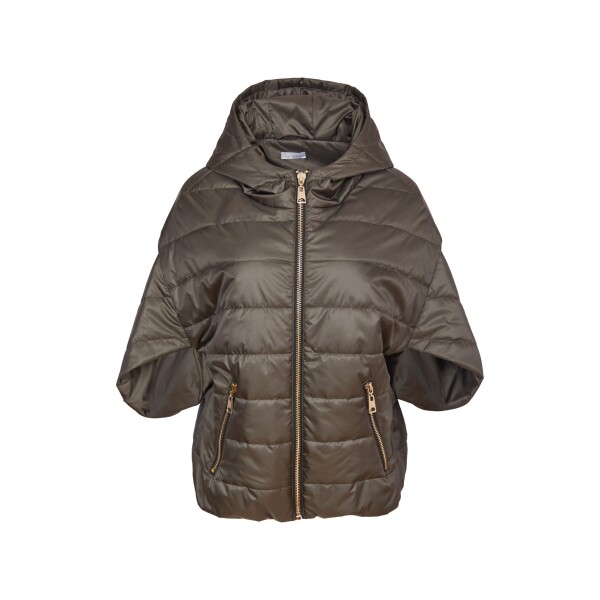 Naya padded short jacket with hood in khaki. It has short sleeves and a zip opening with zipped pockets