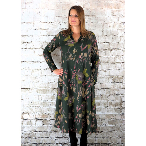 Out of Xile V-Neck jersey dress in a woodlands print in Forest Green 21AW24