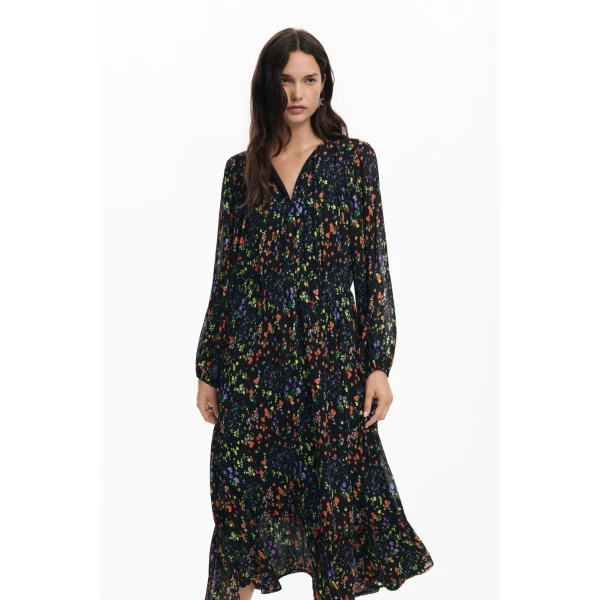Desigual Kansas City Dress is midi in length and has a pretty, ditsy floral print on a black background 24WWVW53_2000