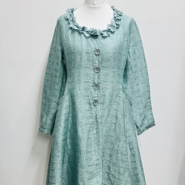 Out of Xile Linen Sparkle Coat with flower collar in Ocean Green