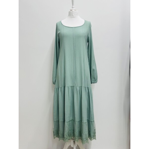 Out of Xile Midi Placket Lace trim dress in Ocean Green