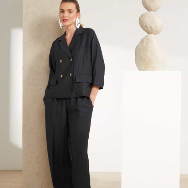 Naya linen mix wide trousers in Carbon (black) NAS25238 worn with the double breasted jacket NAS25237