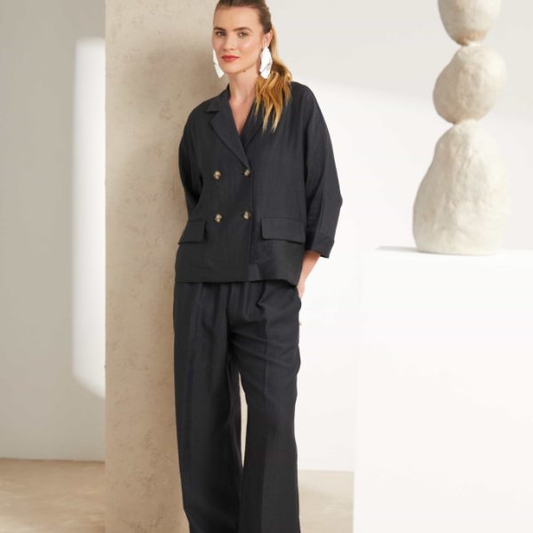 Naya linen mix wide trousers in Carbon (black) NAS25238 worn with the double breasted jacket NAS25237