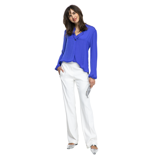 Beate Heymann satin blouse in royal blue has long sleeves and a v-neckline